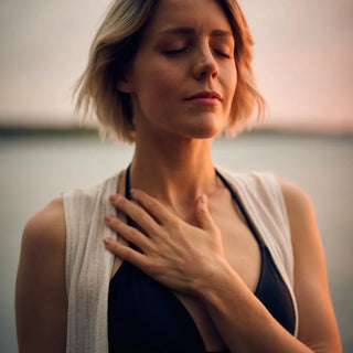 Mujer relajada de pie bajo el sol.