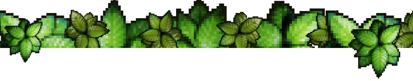 Arte de píxeles de hojas verdes formando un borde horizontal con follaje denso en varios tonos de verde.