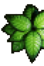 Un primer plano de varias hojas verdes pixeladas sobre un fondo negro.