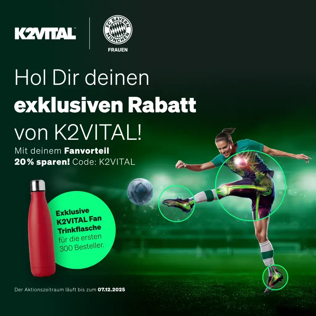Imagen promocional para K2VITAL, que ofrece un 20% de descuento y una botella de agua roja para los primeros 300 clientes, y que muestra a una futbolista pateando un balón.