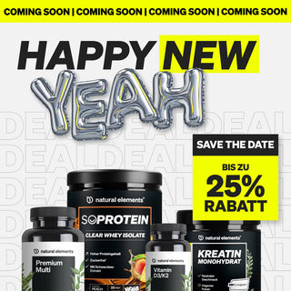 Imagen promocional con botellas de suplementos, letras de globos metálicos que deletrean "YEAH", y texto: "HAPPY NEW YEAH", "SAVE THE DATE" y "HASTA UN 25% DE DESCUENTO".