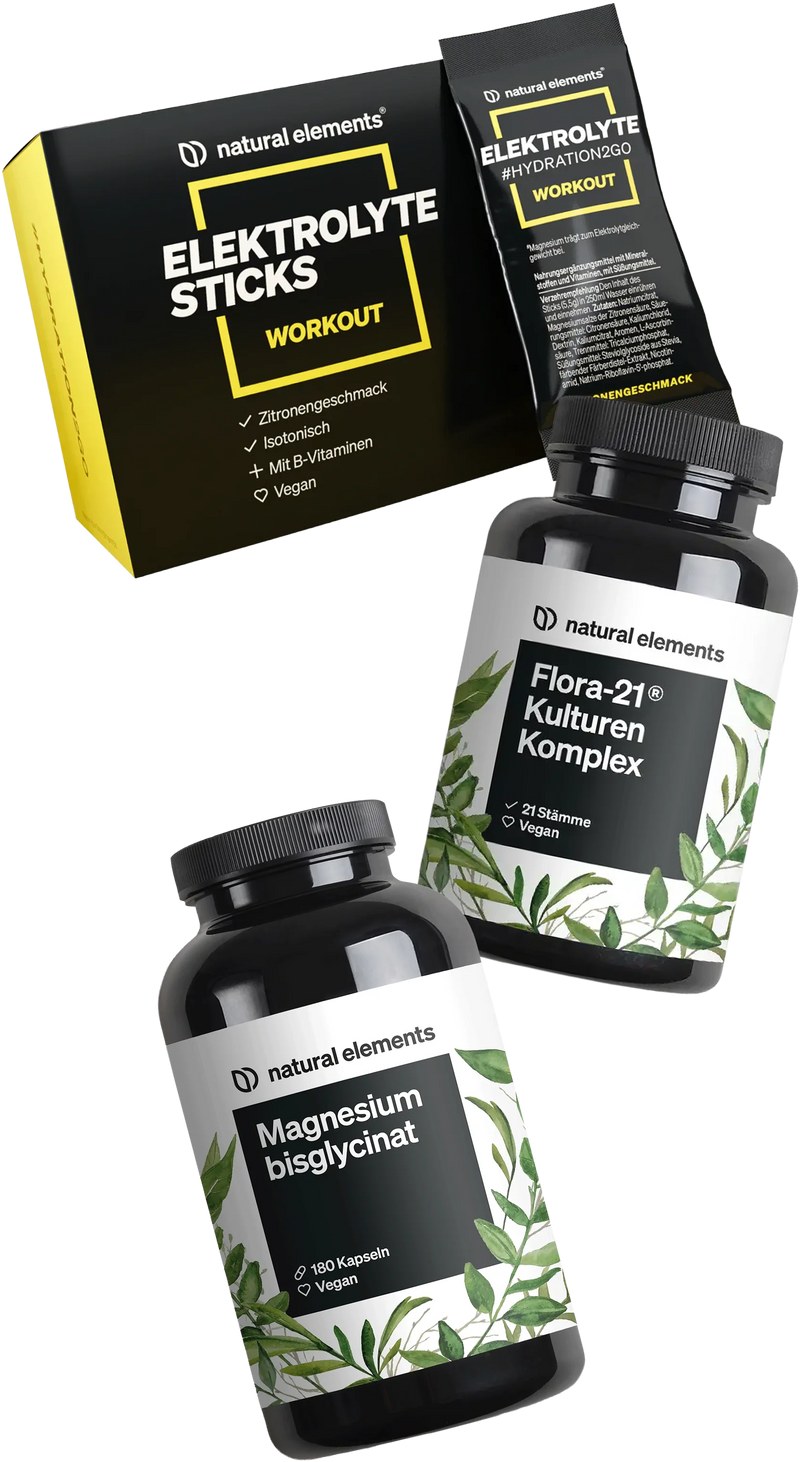 Drei Ergänzungsprodukte von natural elements: Elektrolytstäbchen, Magnesium-Bisglycinat-Kapseln und Flora-21 Kulturen Komplex.