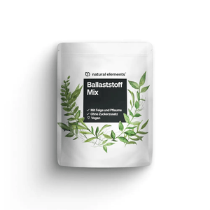 Una bolsa blanca con la inscripción 'Fiber Mix' de NATURAL ELEMENTS está decorada con hojas verdes y destaca fibras naturales, sin azúcares añadidos e ingredientes veganos.