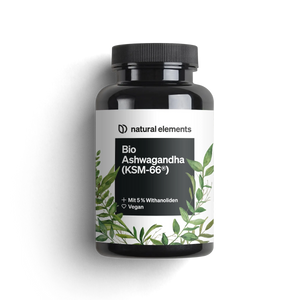 Un frasco de cápsulas de Ashwagandha Orgánica (KSM-66®) de Natural Elements, promoviendo el equilibrio natural a través de la ingesta de Ashwagandha.