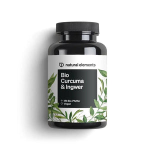 Descripción: Cápsulas de Cúrcuma y Jengibre Orgánico NATURAL ELEMENTS con elementos naturales.