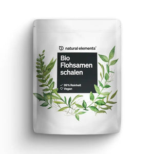 Un sobre blanco etiquetado "Cáscaras de Psyllium Orgánico" de NATURAL ELEMENTS presenta un patrón de hojas verdes y destaca su pureza del 99%, su carácter vegano y su alto contenido de fibra para apoyar la flora intestinal.