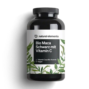 La botella negra etiquetada "NATURAL ELEMENTS Bio Black Maca Capsules" presenta motivos de hojas verdes en la parte inferior. Este producto vegano incluye Vitamina C de acerola orgánica, aprovechando los beneficios adaptógenos de la planta de maca para asegurar calidad orgánica.