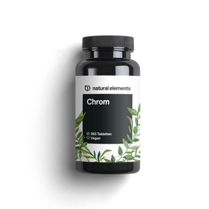 Una botella de NATURAL ELEMENTS contiene tabletas de cromo que ayudan a regular el metabolismo y los niveles de azúcar en sangre.