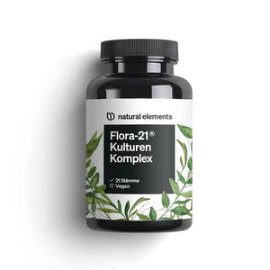 Una botella de cápsulas Flora-21® Cultures Complex, desarrollada específicamente por NATURAL ELEMENTS para apoyar la flora intestinal saludable y la digestión.