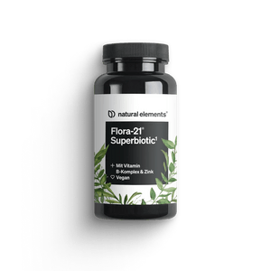 Una botella negra etiquetada “Flora-21® Superbiotic” de NATURAL ELEMENTS con un diseño de hoja verde. Contiene complejo de vitamina B y zinc. Apto para veganos.