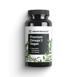 Una botella negra etiquetada 'Premium Omega 3 Algae Oil' de NATURAL ELEMENTS, con un diseño de hoja verde y que contiene DHA y EPA derivados de las algas.