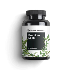 Una botella de Natural Elements Premium Multi Capsules, el complemento alimenticio definitivo para fortalecer el sistema inmunológico y reforzar las defensas.