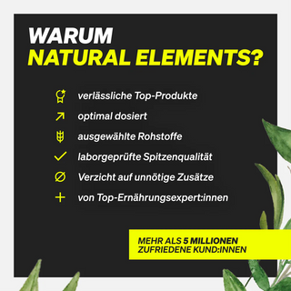 Gráfico que enumera los beneficios de "Natural Elements", incluyendo productos fiables, dosificación óptima, ingredientes seleccionados, calidad probada en laboratorio, sin aditivos innecesarios y asesoramiento experto.