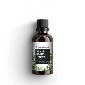 Una botella de gotas de Vitaminas D3/K2 NATURAL ELEMENTS sobre un fondo blanco, mejorando tu metabolismo del calcio a través de la poderosa sinergia de las Vitaminas D3 y K2.