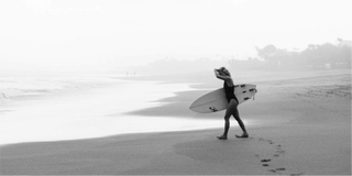 Una persona caminando por la playa con una tabla de surf, rodeada de elementos naturales.